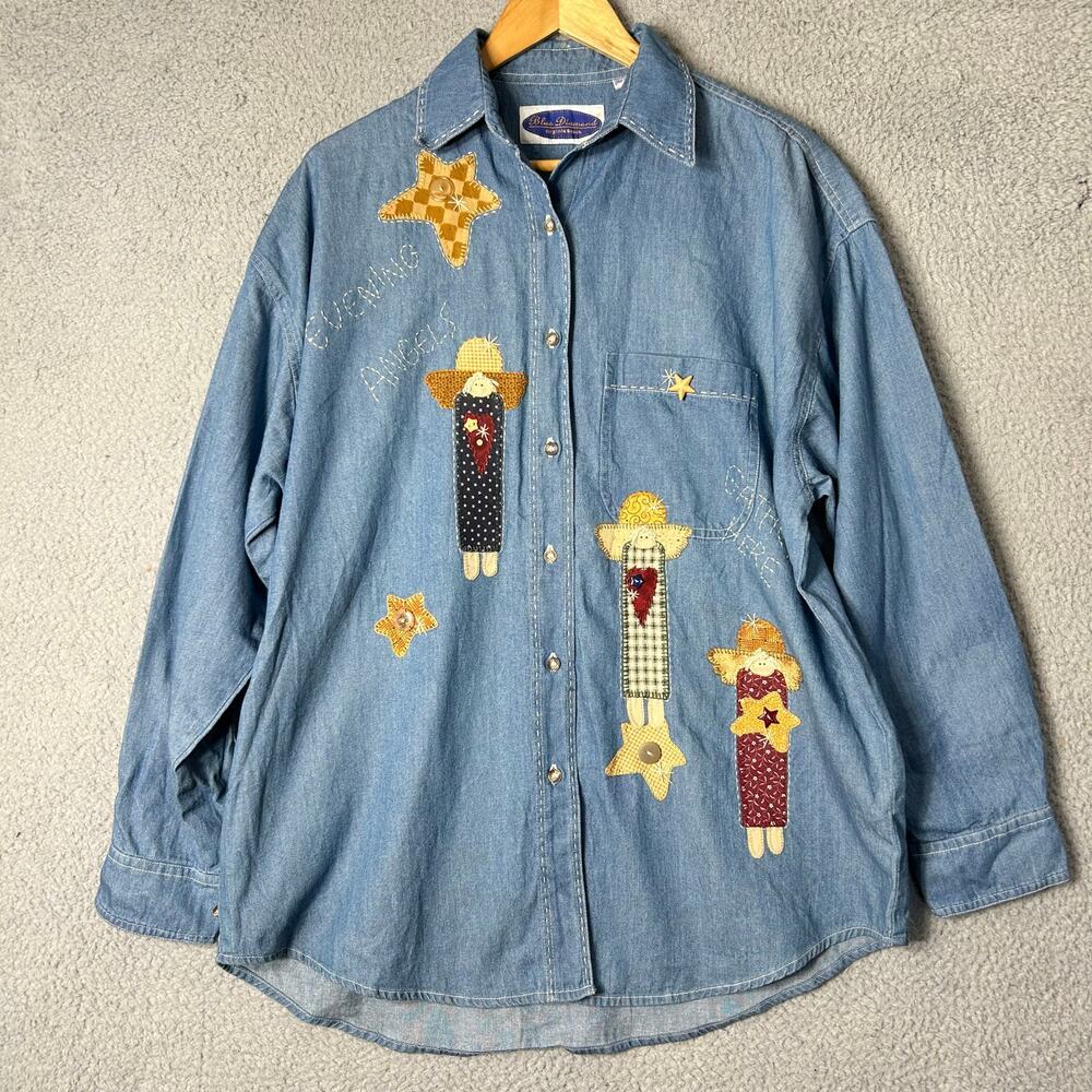 Blue Diamond Shirt Womens M Blue Embroidered Long Sleeve Denim Button Down Shirt
